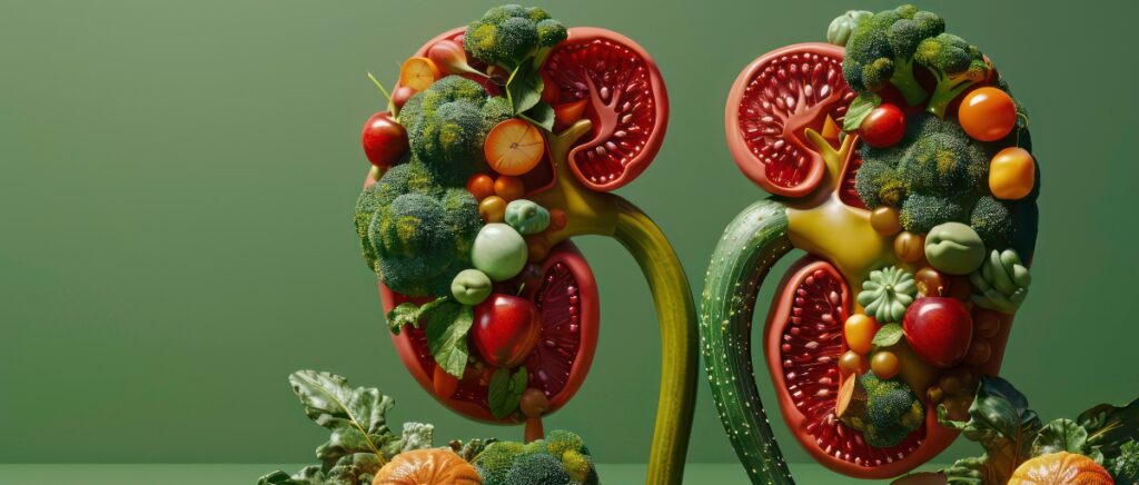 3D illustration of a pair of kidney made of fruits and vegetables