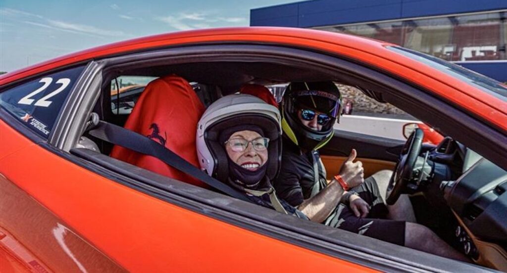 Senior Donna Maddox riding a Ferrari