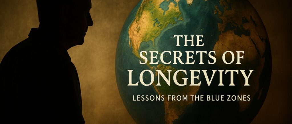 Silhouette of an older man with a world map of healthy foods and the title “The Secrets of Longevity.”
