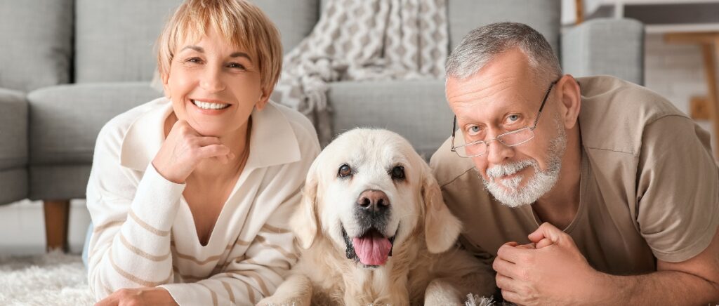 couple with Labrador dog lying on the floor