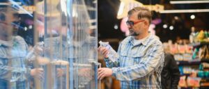 Adult man reading the contents of a bottled water.