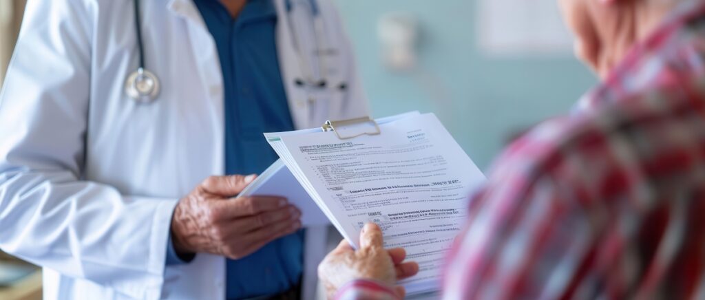 Senior patient discussing their medical chart with a geriatric doctor.