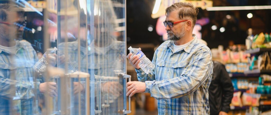 Adult man reading the contents of a bottled water.