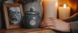 Woman's hand on her pet's urn.