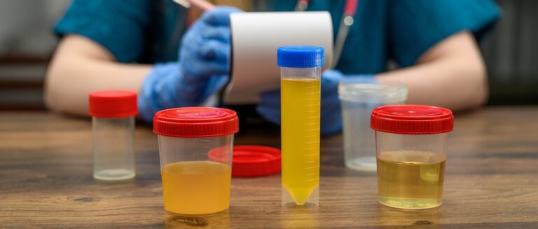 Different urine samples tested by a lab analyst.