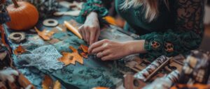 Woman creating DIY Halloween decorations.