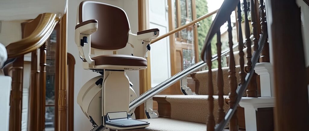 Stair lifts for seniors installed on a curved staircase in residential home.