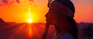 Sunset silhouette of a female Egyptian Pharaoh