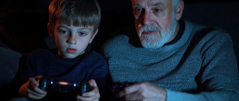 Grandpa and grandson playing video game together
