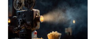 Retro movie projector with film and popcorn