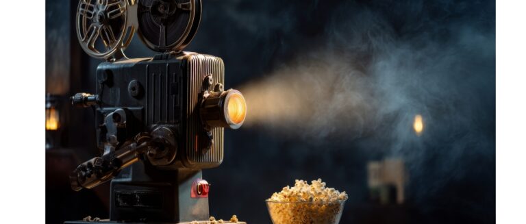 Retro movie projector with film and popcorn