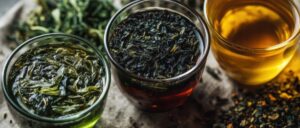 glass cups filled with steeped green, black, and yellow tea