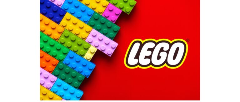 Close up of colorful Lego blocks with the Lego logo
