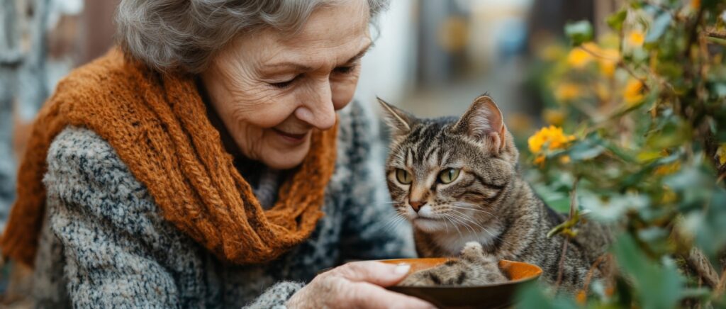 Elderly woman shares a moment feeding a cat