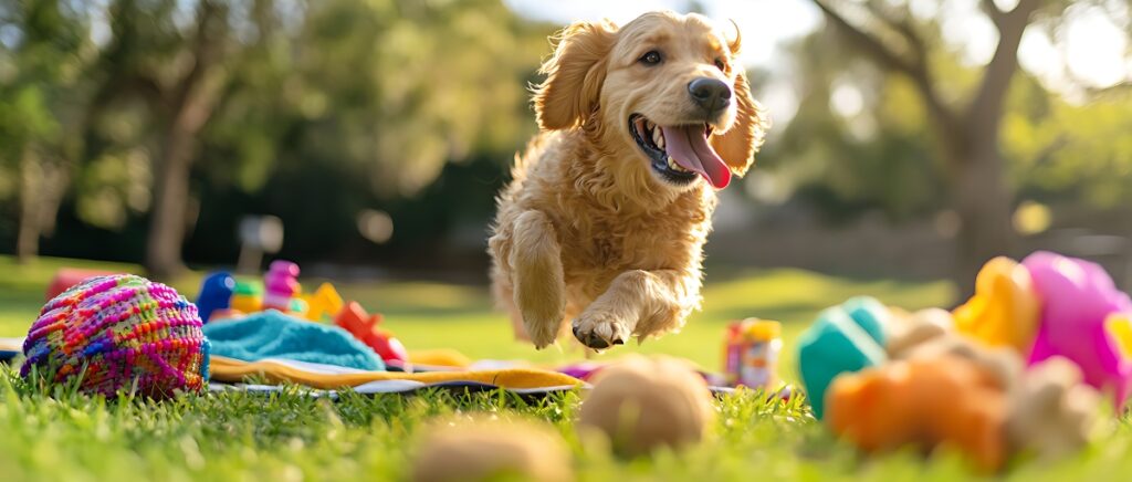 Playful Dog Surrounded by squeeky toys