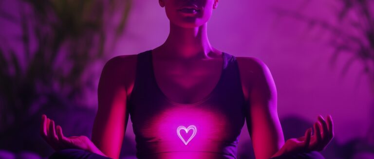 Woman meditating with glowing heart icon