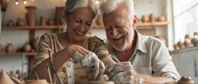 happy senior couple enjoying pottery together