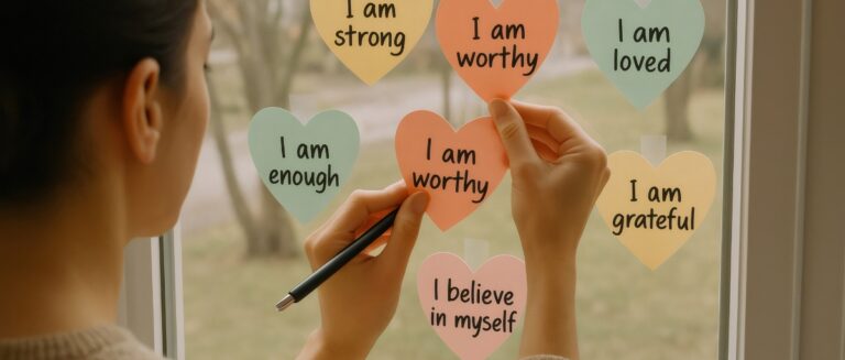Woman attaching heart shaped sticky notes with positive affirmations